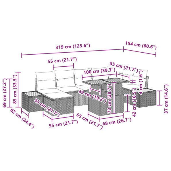 vidaXL 8-dielny záhradný jedálenský set s vankúšmi čierny poly ratan akácia – Obrázok 11