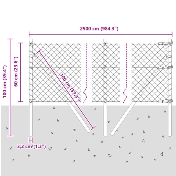 3351111_12.jpg vidaXL Retiazkový plot s 13 stĺpmi 0,6x2,5 m Galvanizovaná oceľ Šedá – Obrázok 12