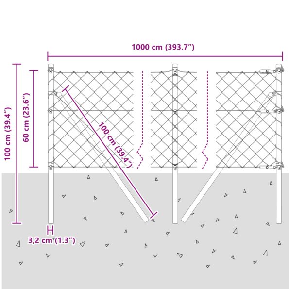 vidaXL Reťazové pletivo s 7 stĺpmi 0.6x10 m pozinkovaná oceľ – Obrázok 12