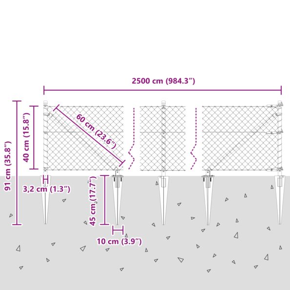 vidaXL Retiazkový plot s 13 kolíkmi 0.4x25 m pozinkovaná oceľ – Obrázok 13