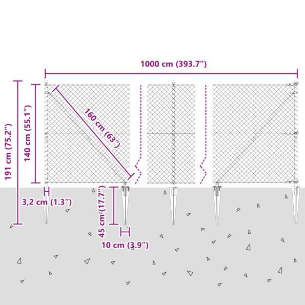 vidaXL Oplocenie z reťaze so 7 špicovými stĺpikmi 1.4x10 m pozinkovaný oceľ – Obrázok 13