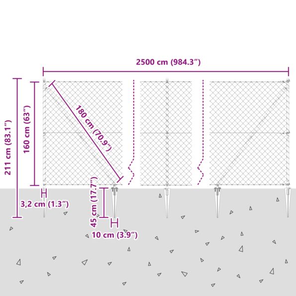 vidaXL Reťazový plot s 13 hrotmi 1.6x25 m z pozinkovanej ocele – Obrázok 10