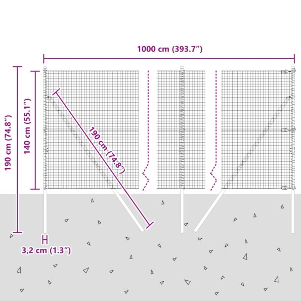 vidaXL Zváraná drôtená sieť so 7 stĺpikmi Sivá 1.4x10 m Oceľ – Obrázok 12