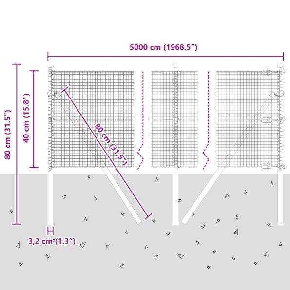 vidaXL zvarené drôtené ploty s 13 stĺpmi Sivý 0.4x50 m Oceľ – Obrázok 12