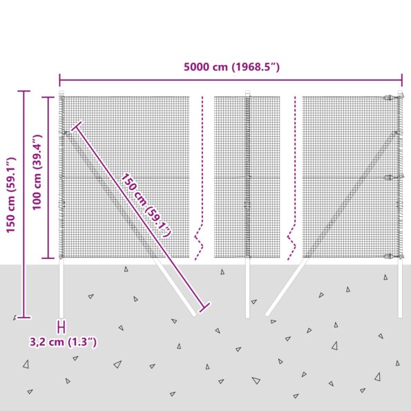 vidaXL zváraný drôtený plot so 13 stĺpikmi sivý 1x50 m oceľ – Obrázok 12