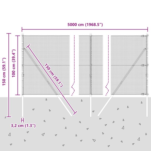 vidaXL Zváraný drôtený plot s 13 stĺpmi Sivý 1x50 m Oceľ – Obrázok 12
