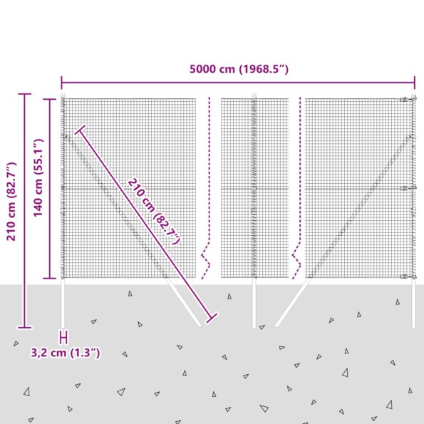 vidaXL zváraný drôtový plot s 7 stĺpmi sivý 1.4x50 m oceľ – Obrázok 12