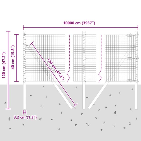 VidaXL zváraný drôtový plot so 7 stĺpikmi Sivý 0.4x100 m Oceľ – Obrázok 12