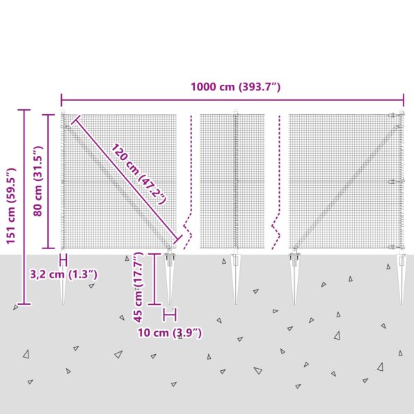 3351924_13.jpg vidaXL Zváraný drôtový plot s 7 kotvami na kolíky 0.8x10 m pozinkovaná oceľ – Obrázok 13