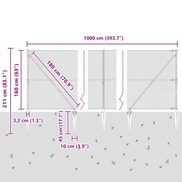 vidaXL Zváraný drôtový plot so 7 špicatými stĺpmi 1.6x10 m Pozinkovaná oceľ – Obrázok 13