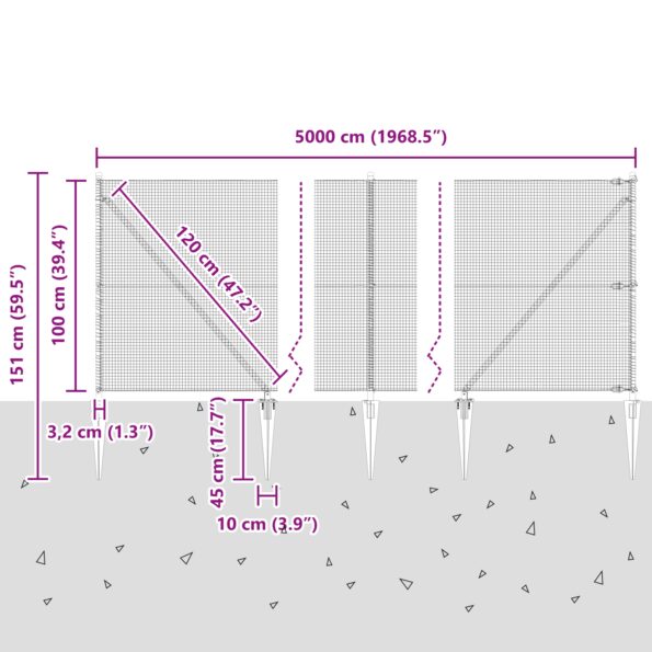 vidaXL zvarová drôtená mreža s 13 hrotovými stĺpmi 1x50 m pozinkovaná oceľ – Obrázok 13