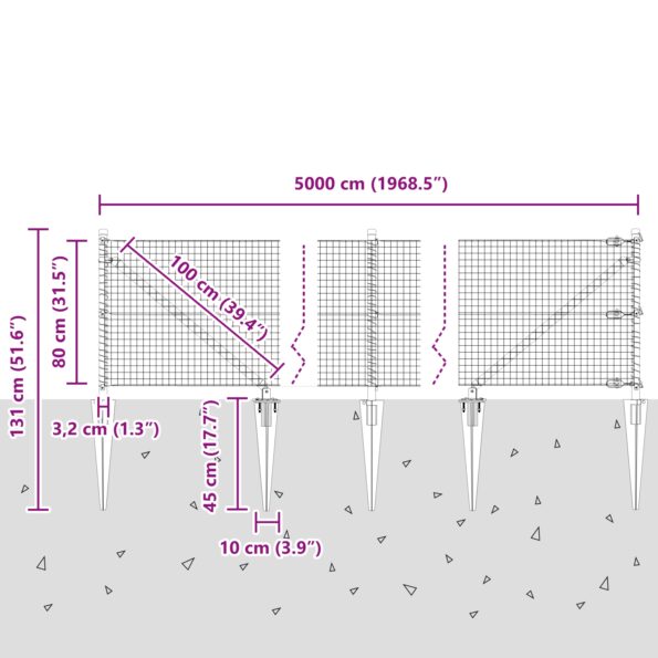 vidaXL Plot zo zváraného drôtu s 13 podpierami Zelený 0.8x50 m Oceľ – Obrázok 13