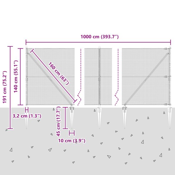 vidaXL zváraný drôtový plot so 7 bodovými stĺpikmi Sivý 1.4x10 m Oceľ – Obrázok 13