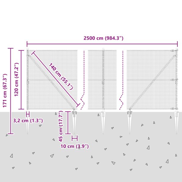 vidaXL Zvarené drôtové ohrady s 13 hrotovými stĺpmi Sivá 1,2x25 m Oceľ – Obrázok 13