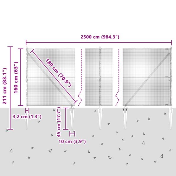 3352216_13.jpg vidaXL Zvarené drôtené oplocenie s 13 špicatými stĺpmi Sivé 1.6x25 m Oceľ – Obrázok 13