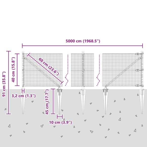vidaXL Zvarený drôtený plot s 13 špicovými stĺpikmi Sivý 0.4x50 m Oceľ – Obrázok 13