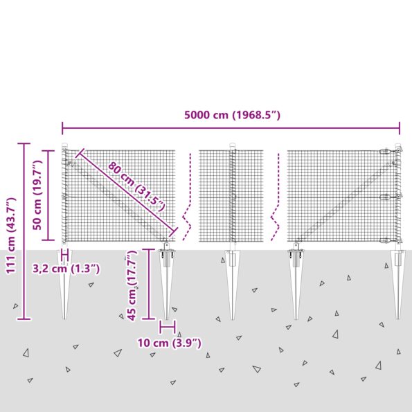 vidaXL Vonkajší zváraný drôtený plot s 13 kolíkmi Šedý 0.5x50 m Oceľ – Obrázok 13