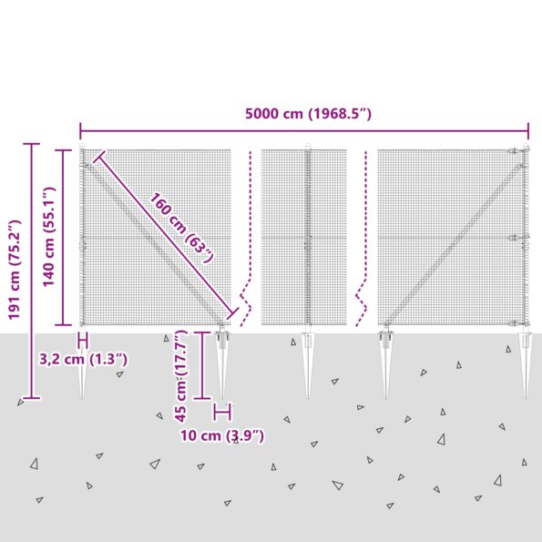 vidaXL zváraný drôtový plot s 13 hrotmi Sivý 1,4x50 m Oceľ – Obrázok 13