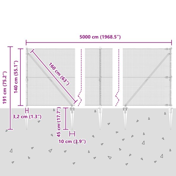 vidaXL Zváraný drôtový plot so 13 špicatými stĺpmi Šedý 1.4x50 m Oceľ – Obrázok 13