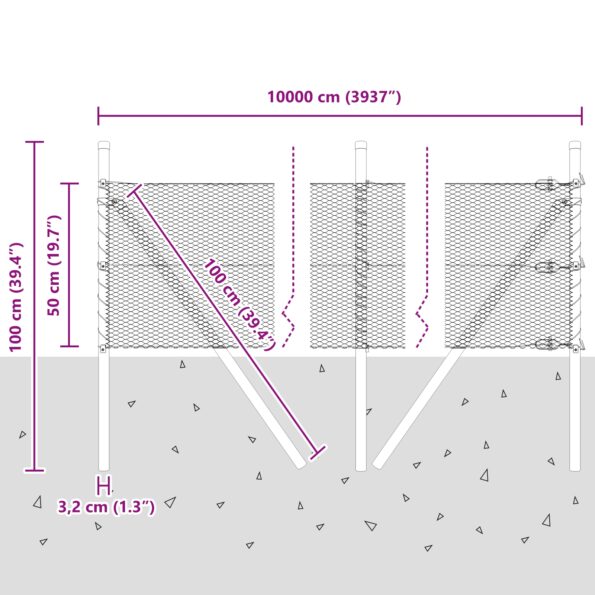 Hexagónová ohrada vidaXL Zelená 0,5x100 m Oceľ, Stĺpiky životného štýlu vidaXL 13 ks Zelené Ø32 mm 100 cm Pozinkovaná oceľ – Obrázok 12