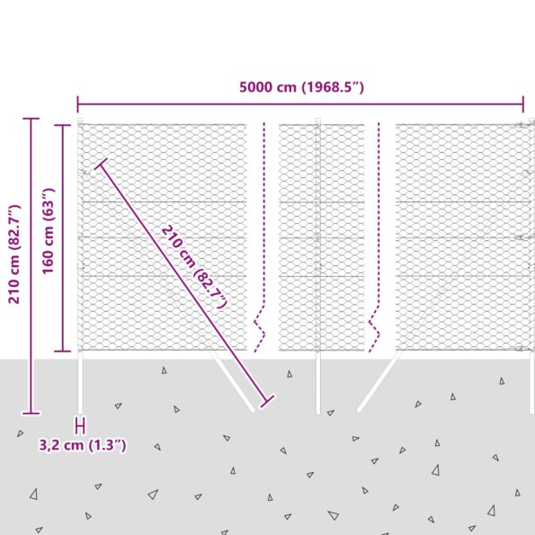 Hexagonálna ohrada vidaXL 1.6x50 m Pozinkovaná oceľ, Stĺpiky ohrady vidaXL 13 ks Ø32 mm 210 cm Pozinkovaná oceľ – Obrázok 12