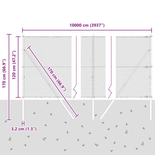 Hexagonálne oplotenie vidaXL 1,2 x 100 m, zinkovaná oceľ, Plotové stĺpiky vidaXL 13 ks Ø32 mm 170 cm zinkovaná oceľ – Obrázok 12