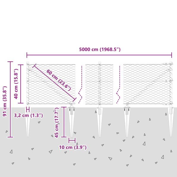 Hexagónová zábrana vidaXL sivá 0.4x50 m oceľ, Stĺpiky zábrany vidaXL s hrotom 13 ks Ø32 mm 60 cm z pozinkovanej ocele – Obrázok 12