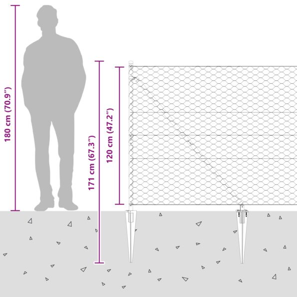 Hexagónové oplotenie vidaXL Sivá 1.2x50 m Oceľ, Oplotenie vidaXL s hrotmi 13 ks Ø32 mm 140 cm Pozinkovaná oceľ – Obrázok 12