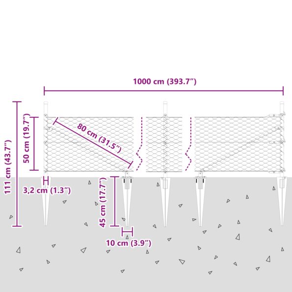 Hexagonový plot vidaXL 0.5x10 m Pozinkovaná oceľ, Stĺpy plotu vidaXL s ostrým hrotom 7 ks Ø32 mm 80 cm Pozinkovaná oceľ – Obrázok 13