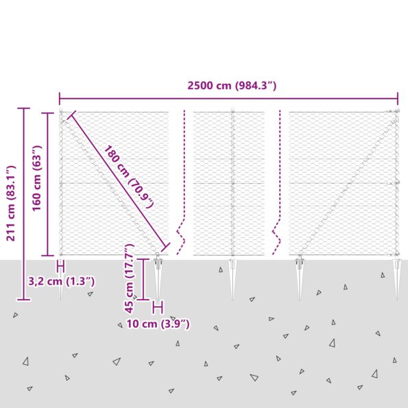 Hexagonálne oplotenie vidaXL 1.6x25 m Pozinkovaná oceľ, Stĺpy oplotenia vidaXL so špicom 13 ks Ø32 mm 180 cm Pozinkovaná oceľ – Obrázok 13