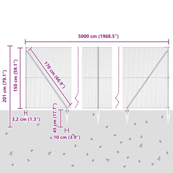Hexagonová zástena vidaXL 1.5x50 m Pozinkovaná oceľ, Stojany vidaXL s hrotmi 13 ks Ø32 mm 170 cm Pozinkovaná oceľ – Obrázok 13