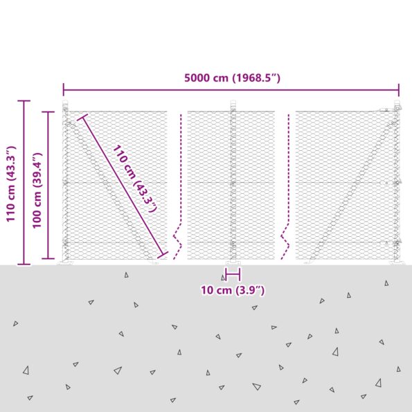 Hexagónový plot vidaXL Šedý 1x50 m Oceľ, Stĺpy plotu vidaXL so základovými doskami 13 ks Ø32mm 110cm Pozinkovaná oceľ – Obrázok 13