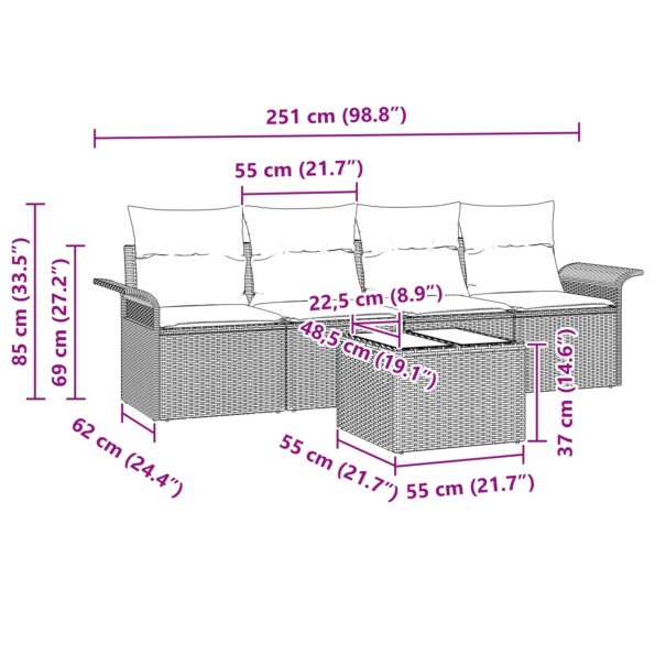 vidaXL 5-dielna záhradná sedačka s vankúšmi Béžový poly ratan – Obrázok 13