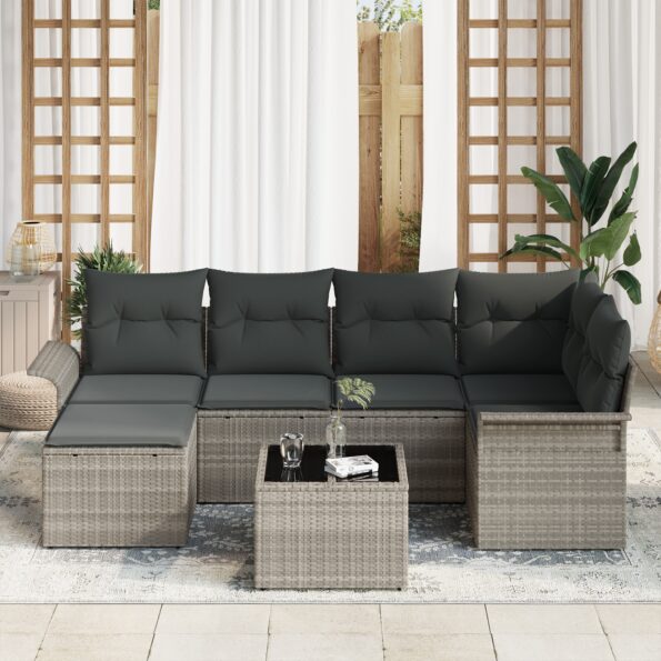 vidaXL 7-dielny záhradný sofa set s vankúšmi Grey Poly Ratan – Obrázok 3