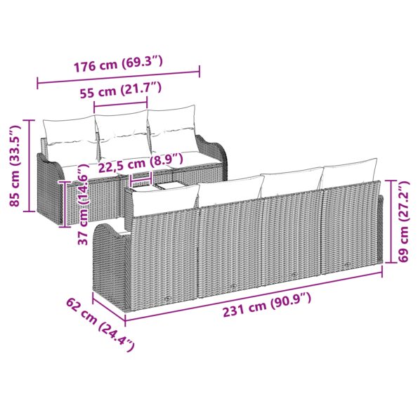 vidaXL 8-dielna záhradná súprava gaučov s vankúšmi, sivý polyratan – Obrázok 11