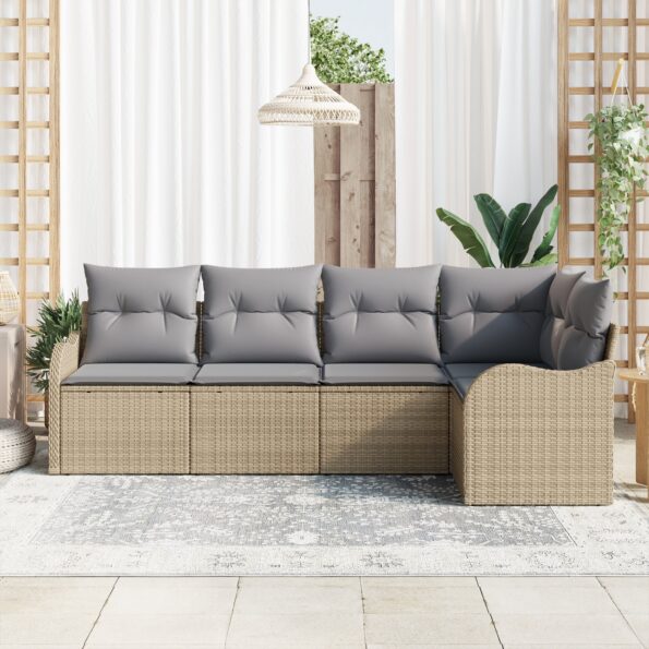 vidaXL 5-dielny záhradný pohovkový set s vankúšmi béžová poly ratan – Obrázok 3