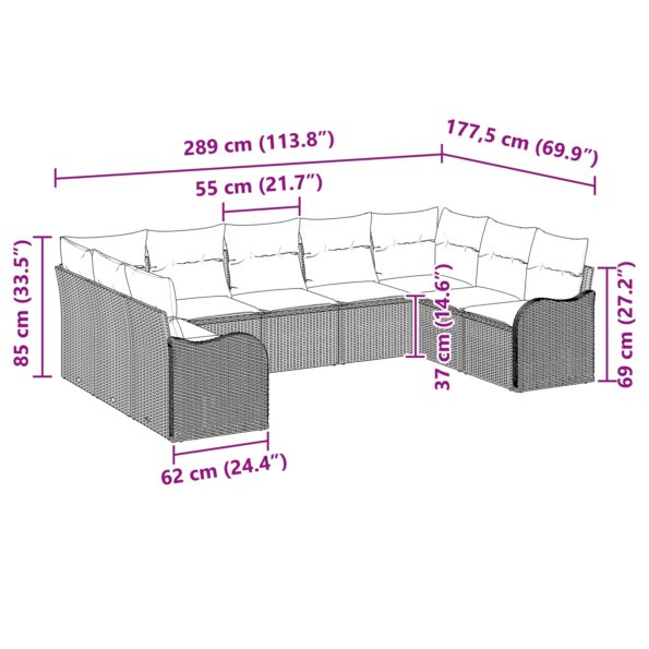 vidaXL 9-dielna záhradná pohovka so vankúšmi čierny poly ratan – Obrázok 12