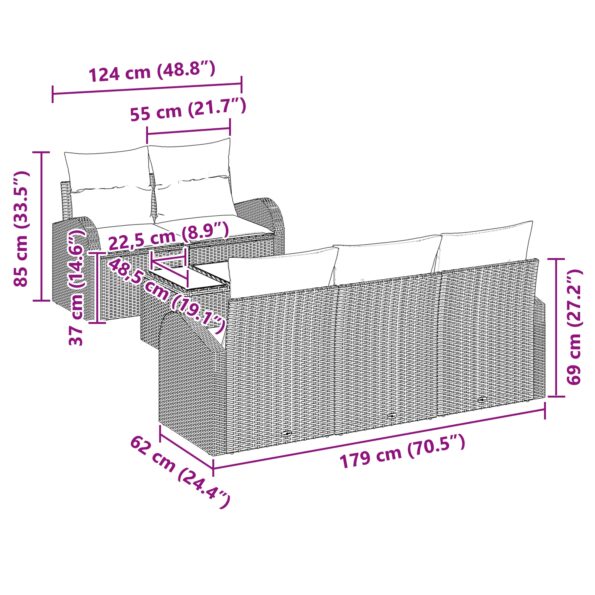 vidaXL 6-dielna súprava záhradných sedačiek s vankúšmi Hnedá Poly ratan – Obrázok 8