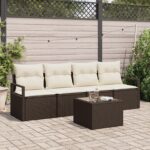 vidaXL 5-dielny záhradný sofa set s vankúšmi hnedý poly ratan