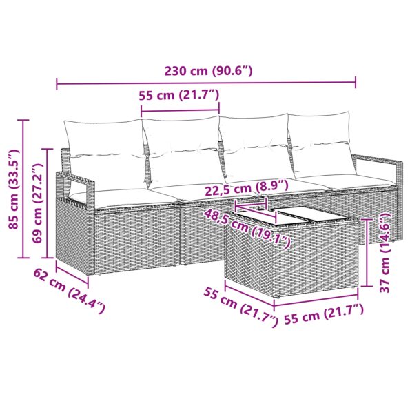 vidaXL 5-dielny záhradný sofa set s vankúšmi hnedý poly ratan – Obrázok 11