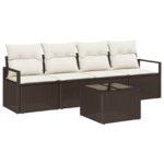 vidaXL 5-dielny záhradný sofa set s vankúšmi hnedý poly ratan – Obrázok 2