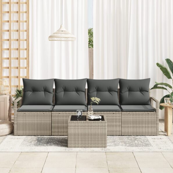 vidaXL 5-dielny záhradný gauč so vankúšmi svetlosivý poly ratan – Obrázok 3