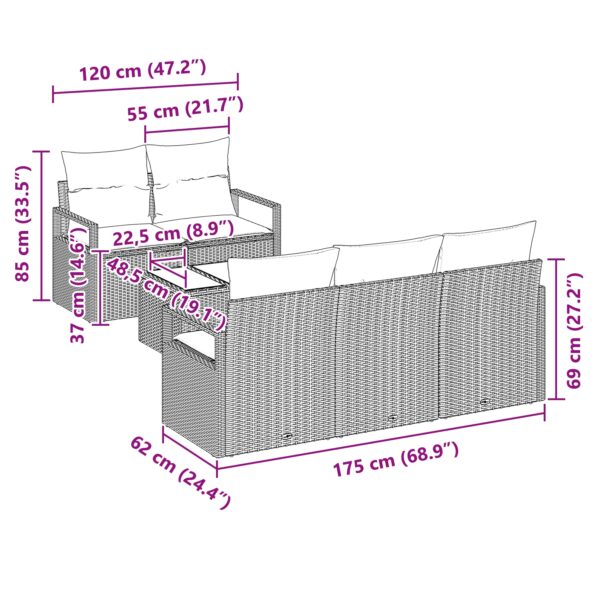 vidaXL 6-dielna záhradná pohovka s vankúšmi Hnedá Polyratan – Obrázok 11