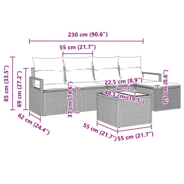 vidaXL 5-dielny súbor pohoviek s vankúšmi Gray Poly Ratan – Obrázok 13