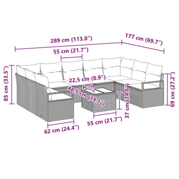 vidaXL 9-dielny záhradný pohovkový set s vankúšmi šedý poly ratan – Obrázok 13