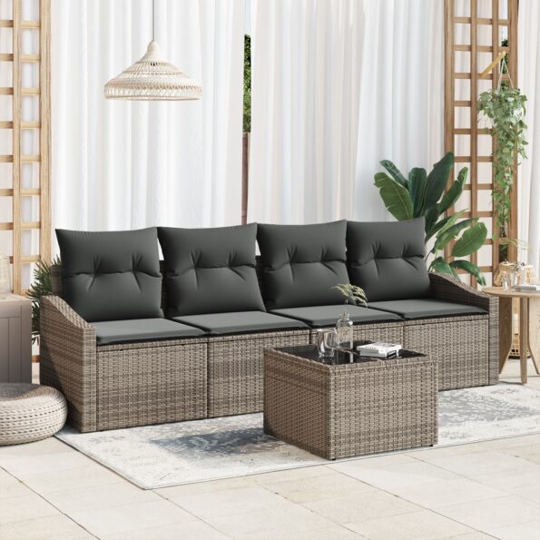 3355258_1.jpg vidaXL 5 kusový záhradný jedálenský set s vankúšmi šedý poly ratan – Obrázok 1