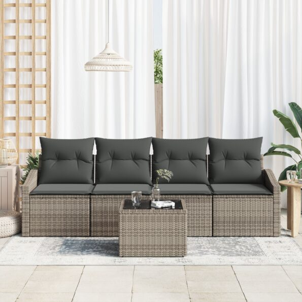 3355258_3.jpg vidaXL 5 kusový záhradný jedálenský set s vankúšmi šedý poly ratan – Obrázok 3