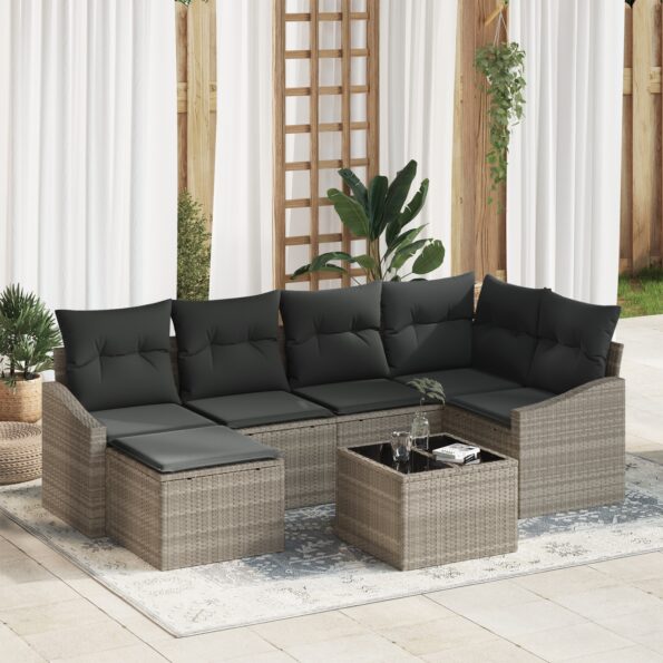 3355471_1.jpg vidaXL 7-dielny záhradný jedálenský set s vankúšmi sivý poly ratan – Obrázok 1