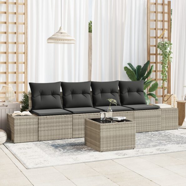 3355601_1.jpg vidaXL 5-dielny záhradný pohovkový set s vankúšmi svetlo šedý poly ratan – Obrázok 1