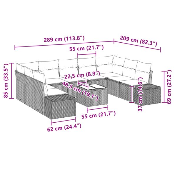 vidaXL 10-dielny záhradný pohovkový set s poduškami béžový poly ratan – Obrázok 13